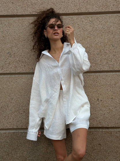 Cotton Long Sleeve Cardigan And Shorts Set Casual Chic