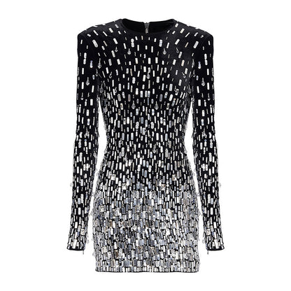 Elegant Black Velvet Sequin Long Sleeve Dress