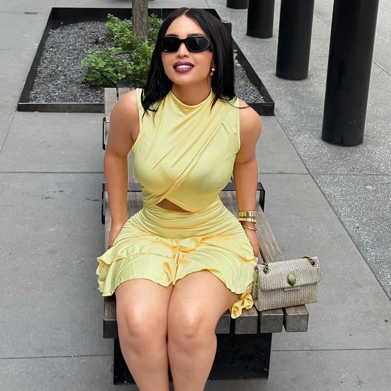 Solid Color Pleated Waist A-Line Mini Dress With Ruffle Hem