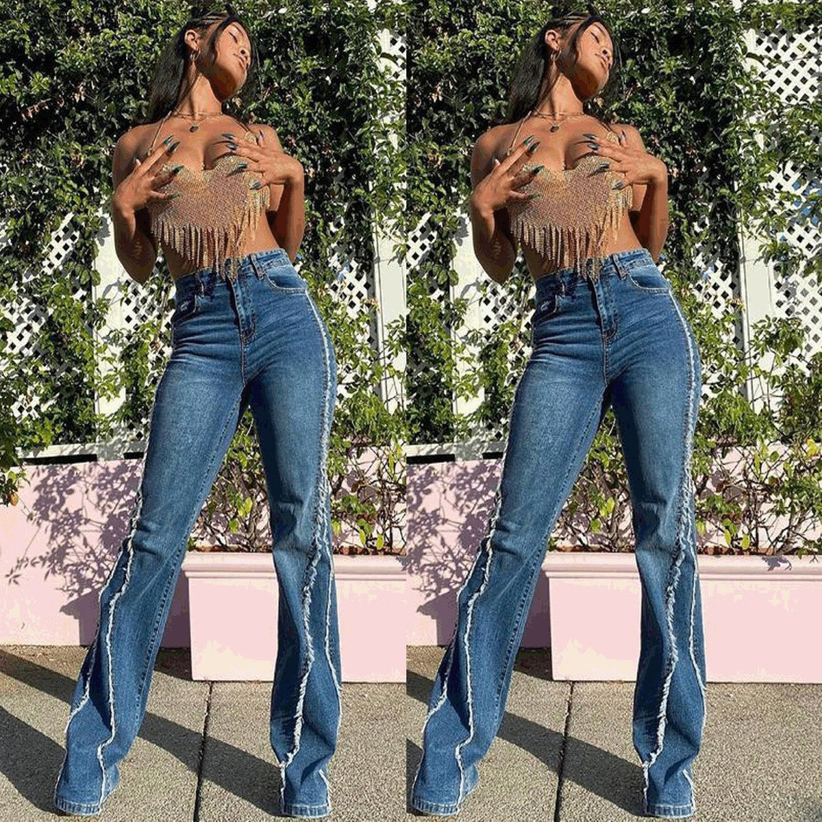 High-Waisted Distressed Denim Straight Leg Jeans