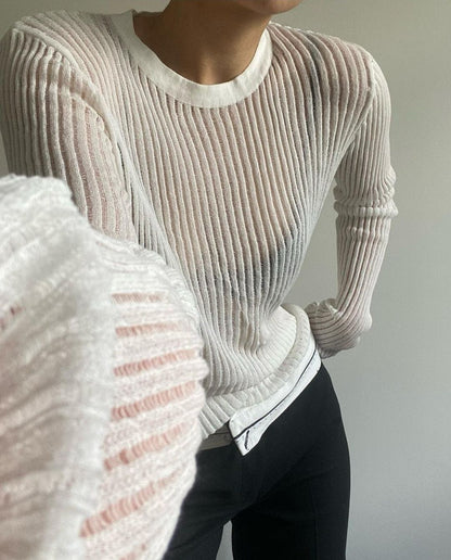 Round Neck See Through Knit Top