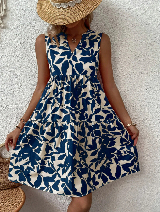Women'S Bohemian Fashion Loose Vneck Pleated Print Dress For Women