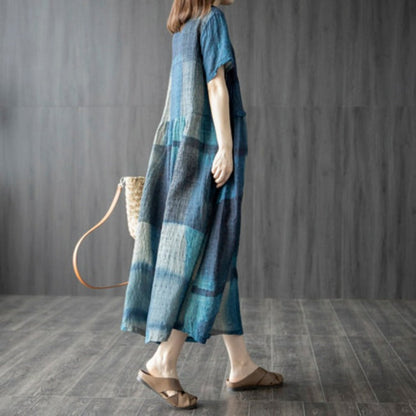 Summer New Literary And Artistic Fan Vintage Loose Plus-Size Women'S Cotton And Linen Panels Plaid Thin Dress