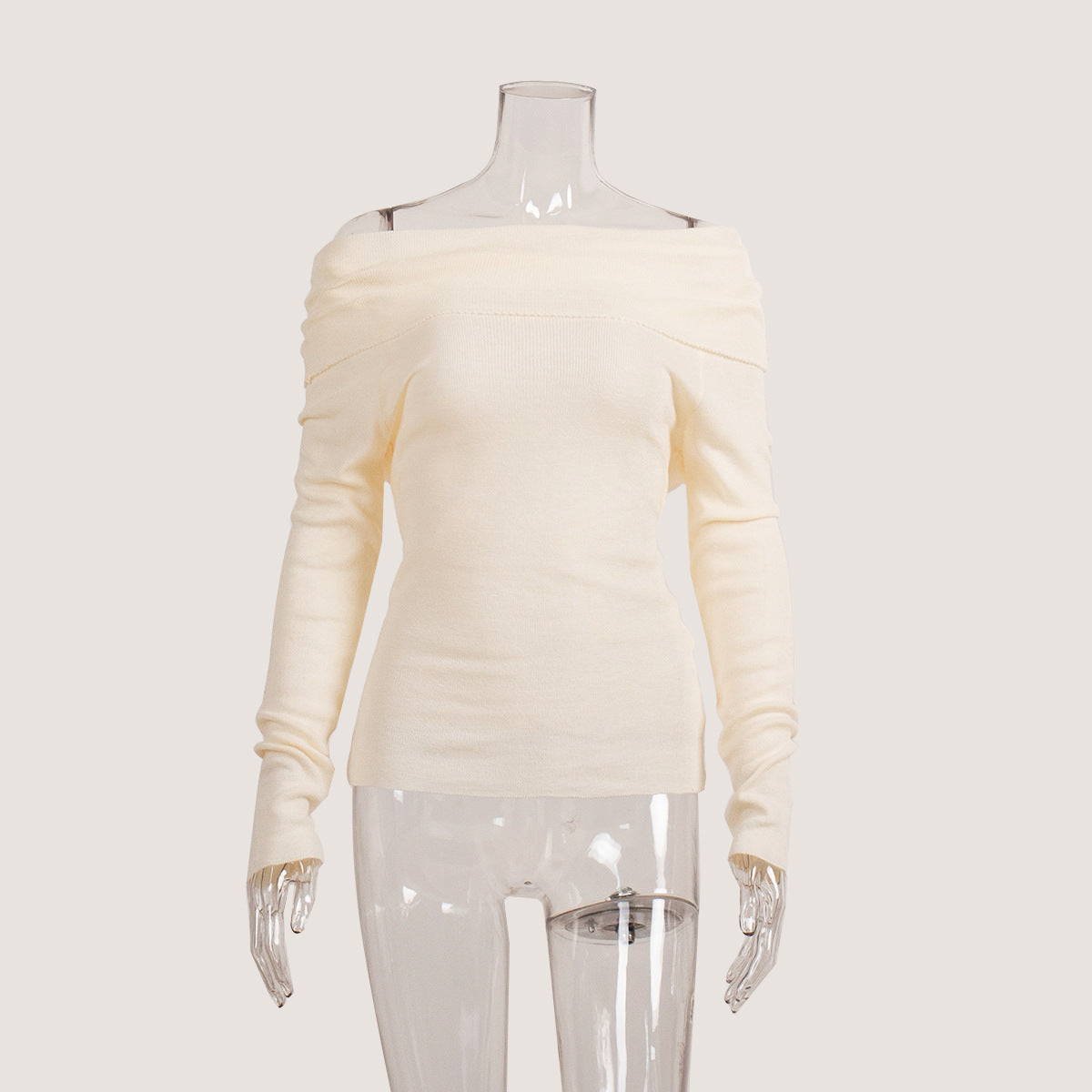 Off-Shoulder Knitted Top Slim Fit Solid Color Long Sleeve Pullover