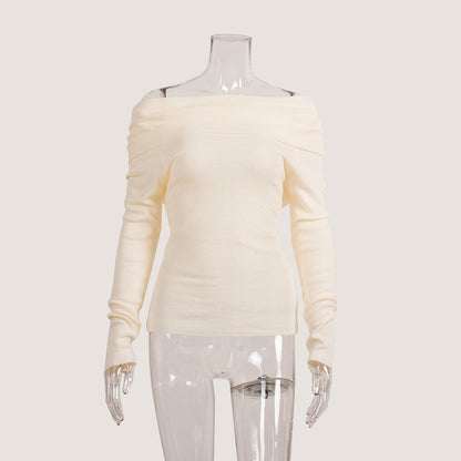 Off-Shoulder Knitted Top Slim Fit Solid Color Long Sleeve Pullover