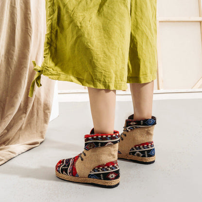 High-Top Linen Cloth Shoes Embroidered Lace-Up Flanging Color Matching Shoes National Wind Cotton And Linen Booties