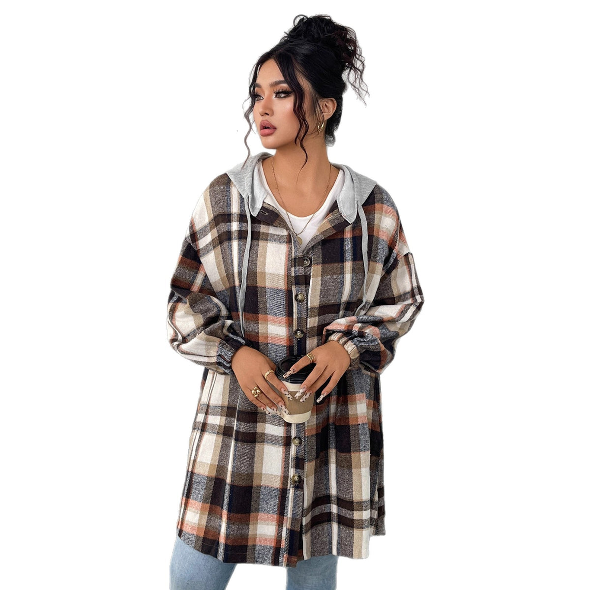 Checkerboard Pattern Hooded Cotton Jacket Casual Vintage Loose Fit