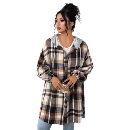 Checkerboard Pattern Hooded Cotton Jacket Casual Vintage Loose Fit