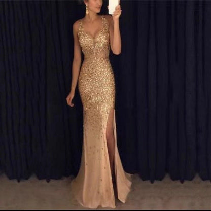 Gold Foil V Neck Maxi Dress With A-Line Skirt