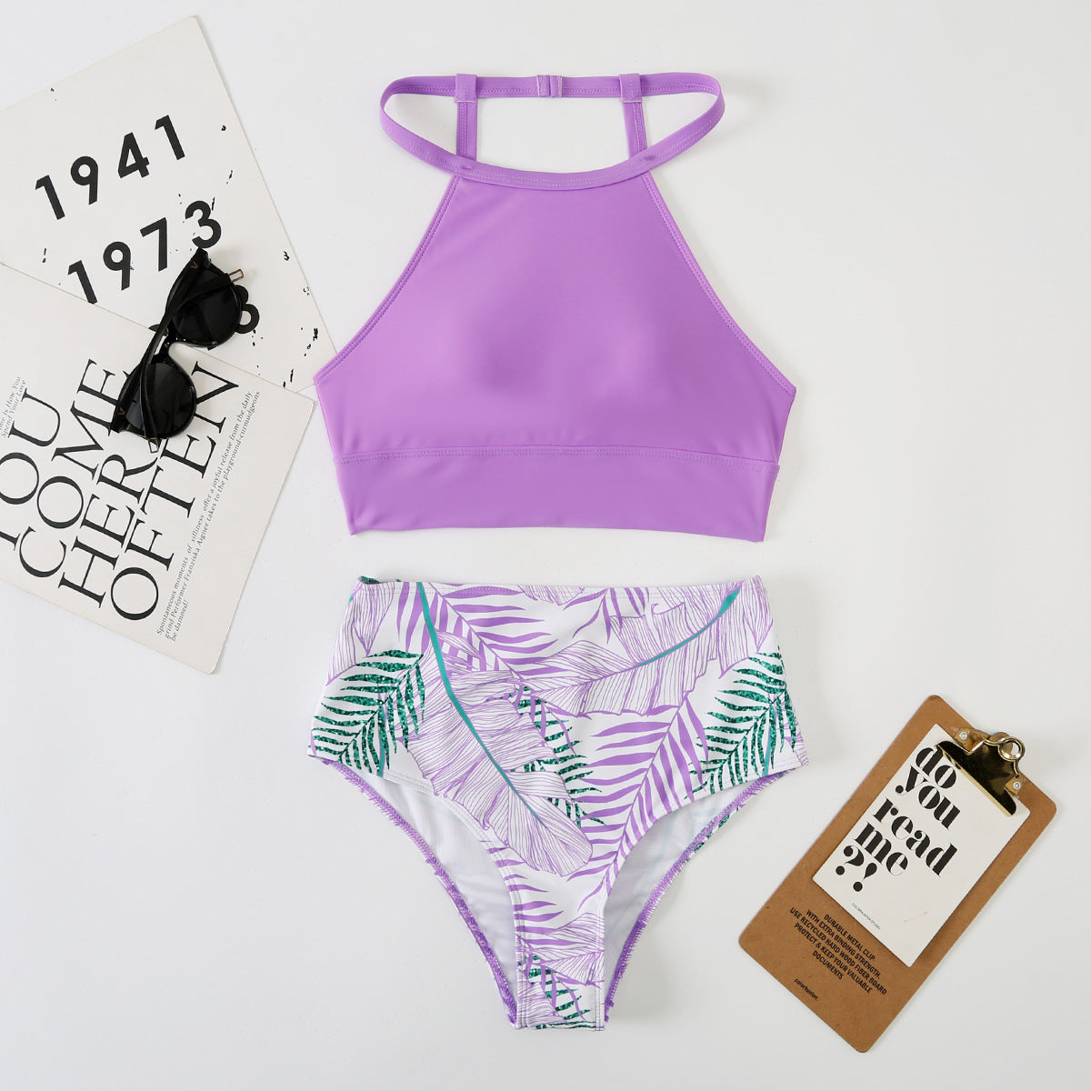 Swimsuit Women'S Split High Waist Leaf Print Solid Color Bikini