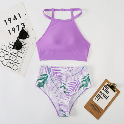 Swimsuit Women'S Split High Waist Leaf Print Solid Color Bikini