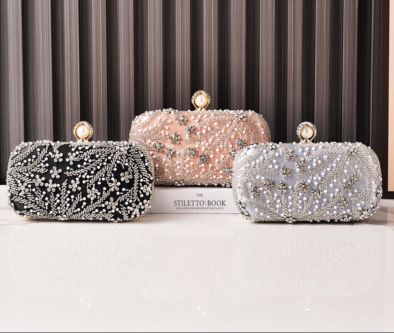 Embroidered Rhinestone Evening Clutch Bag Champagne Color