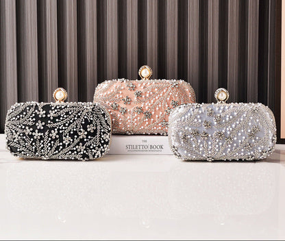 Embroidered Rhinestone Evening Clutch Bag Champagne Color
