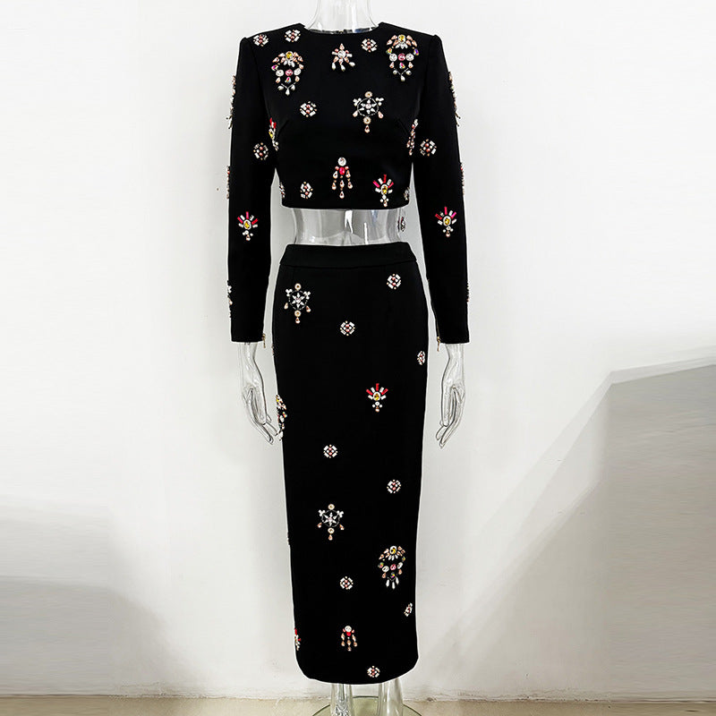 Beaded Embellished Short Top and Long Skirt Set