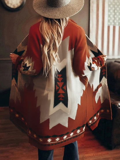 Autumn And Winter New Women'S Long Sleeved Printed Cardigan Coat Woolen Coat