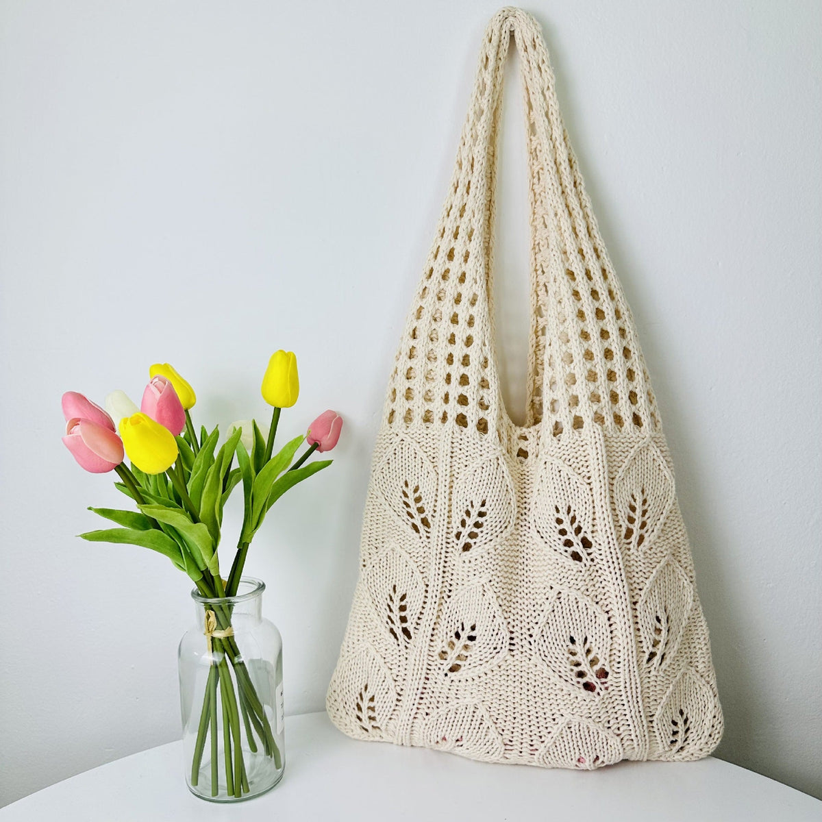 Solid Color Hollow Out Knit Shoulder Tote Bag