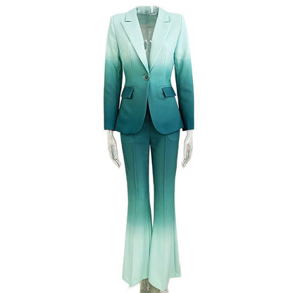 Fashionable Gradient Color Blazer And Flared Pants Set