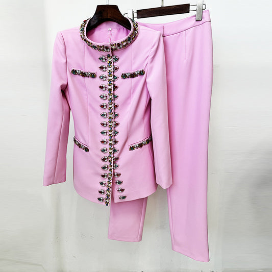 Trendy Casual Pearl Beaded Jacket And Pants Set