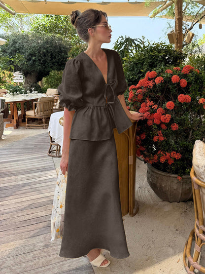 V-Neck Ruffled Sleeve Maxi Dress Set Comfortable Casual Cotton