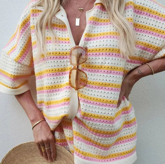 Striped Color Block Lapel Knit Sets