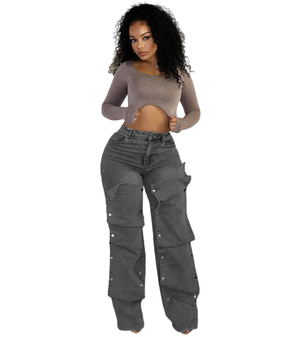 Trendy High-Waisted Straight Leg Jeans With Detachable Buttons