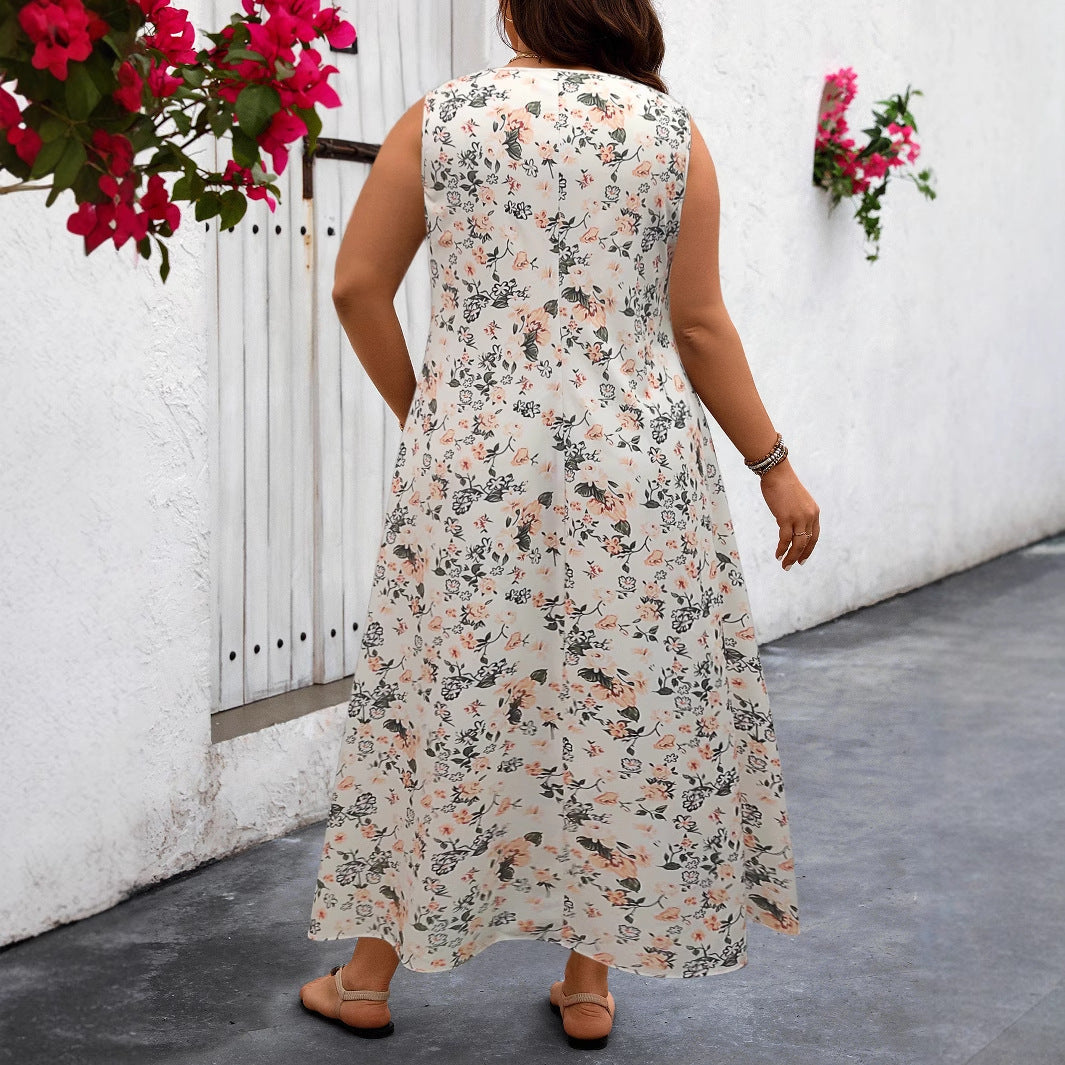 Floral Print A-Line Maxi Dress With Pockets
