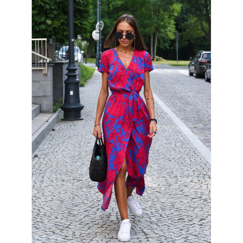 Women'S Summer New V-Neck Print Lace Dress