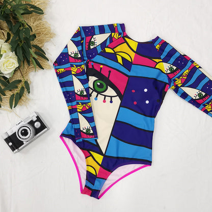 Long Sleeve Abstract Printed One-Piece Swimsuit Women'S Surfing Suit Swimwear Sports Sexy Surfing Wetsuit