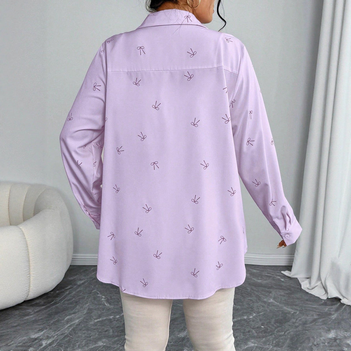 Plus Size Women'S Shirt Jacket With Bow Print Long Sleeves Casual Blouse