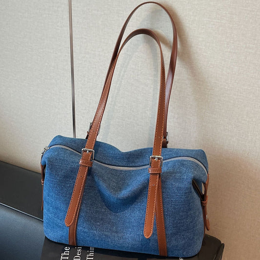 Stylish Denim Boston Bag Soft Casual Shoulder Tote