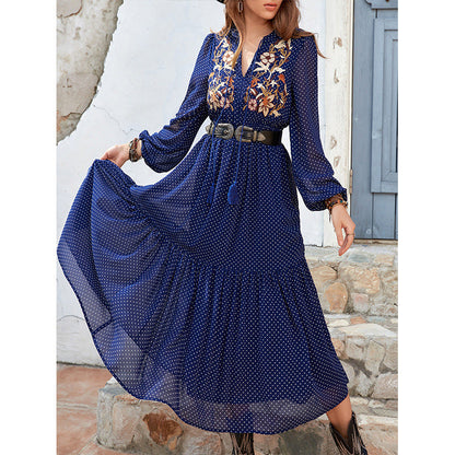 New Spring And Autumn Chiffon Long Sleeve Embroidery Black High Waist Polka Dot Long Dress