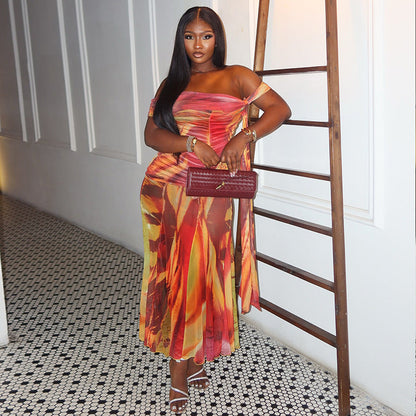 Casual Abstract Print Tube Maxi Dress