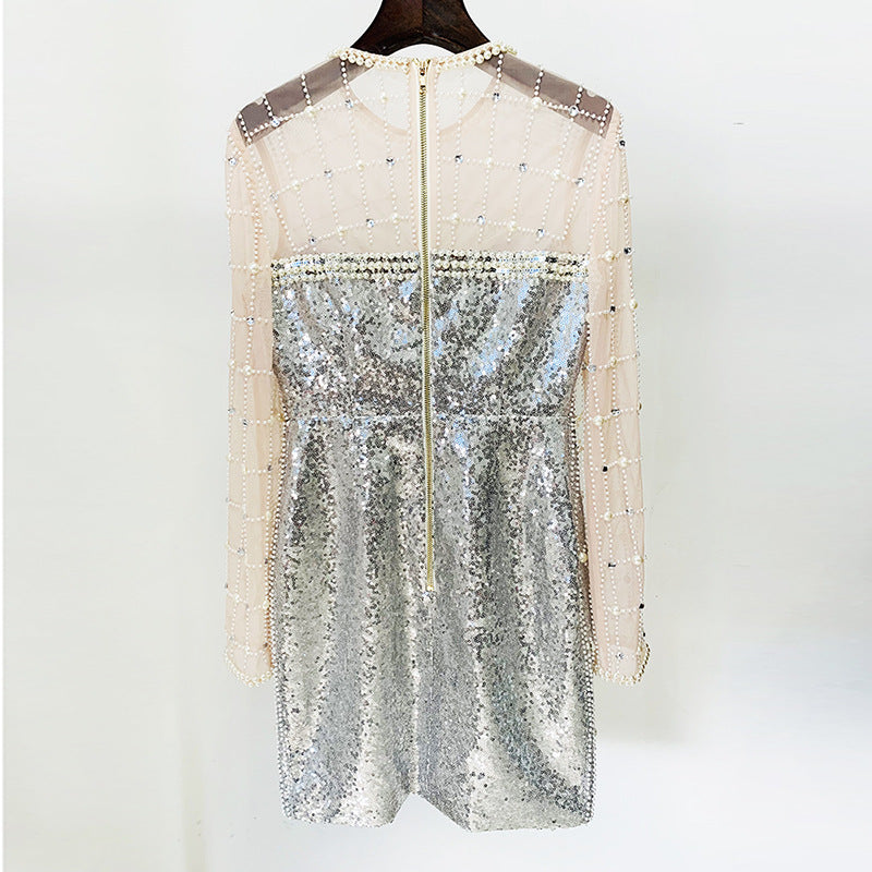 Pearl Sequin Long Sleeve Mesh Dress Elegant Style