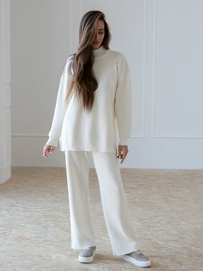 High Collar Side Split Knit Sets