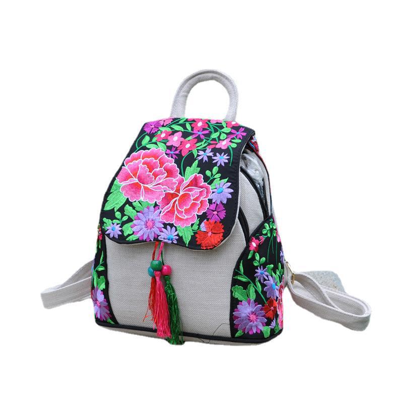 Ethnic Style New Fashion Linen Embroidery Bag Canvas Backpack Fashion Versatile Schoolbag Women'S Small Backpack