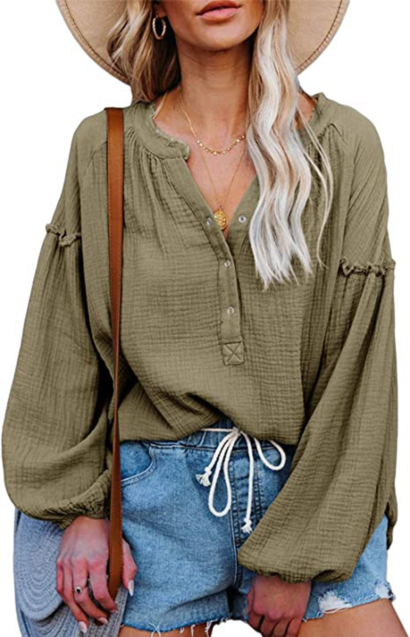 Solid Color Mosaic Lantern Sleeve Button V-Neck Casual Shirt Woman