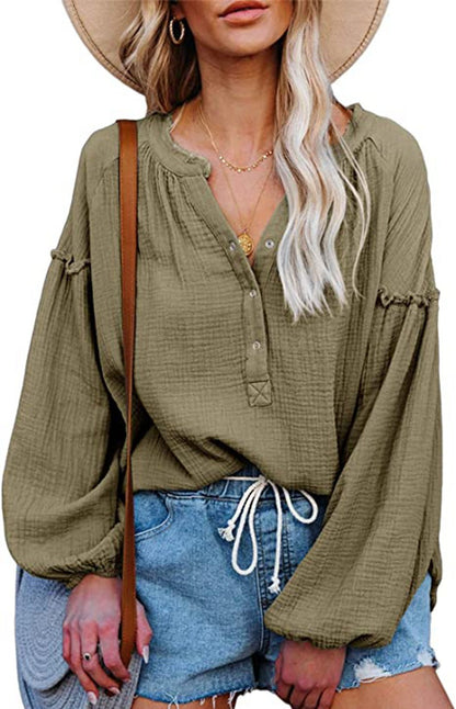 Solid Color Mosaic Lantern Sleeve Button V-Neck Casual Shirt Woman