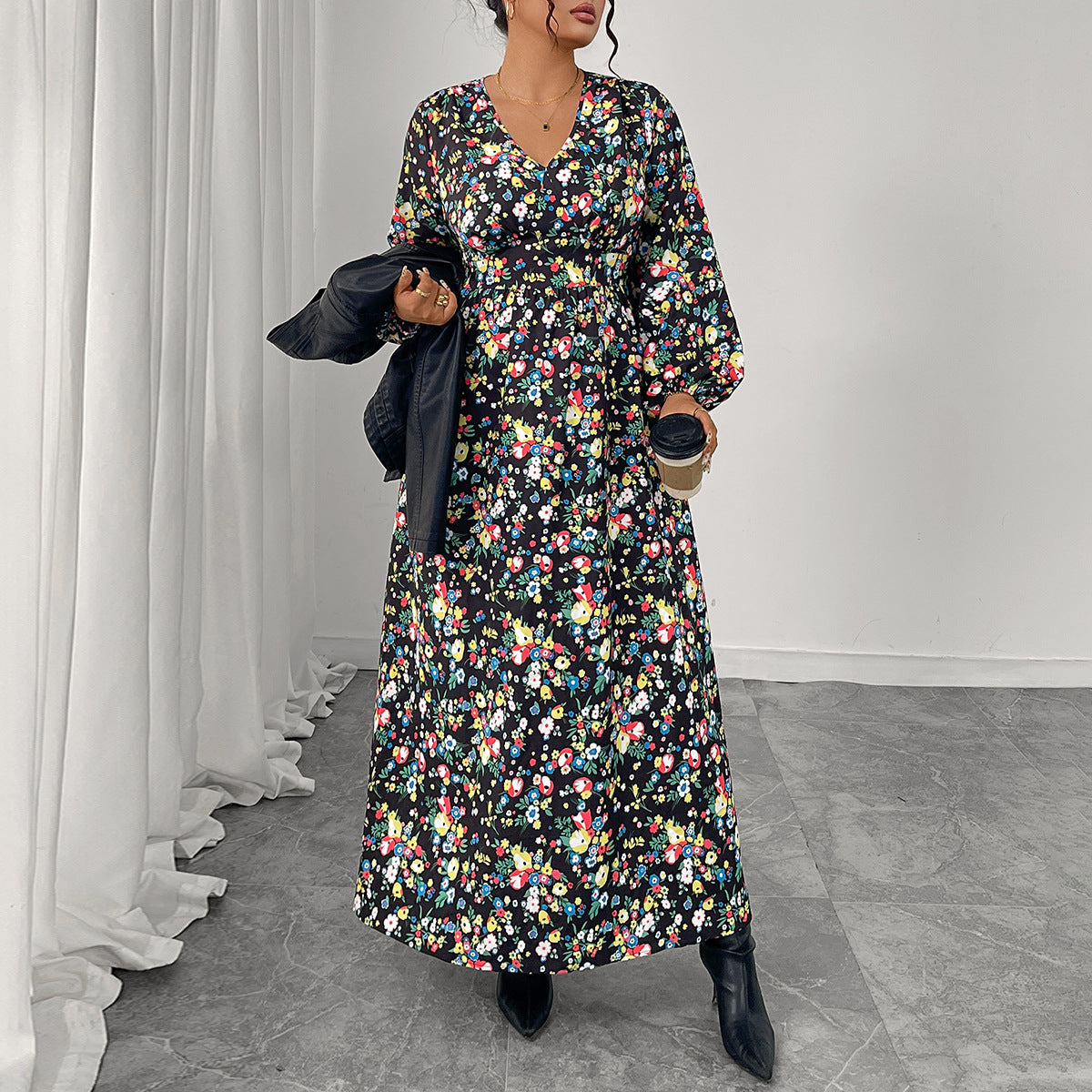 Printed V-Neck High-Waist Loose Maxi Dress
