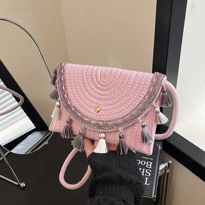 Bohemian Style Fringe Straw Crossbody Bag