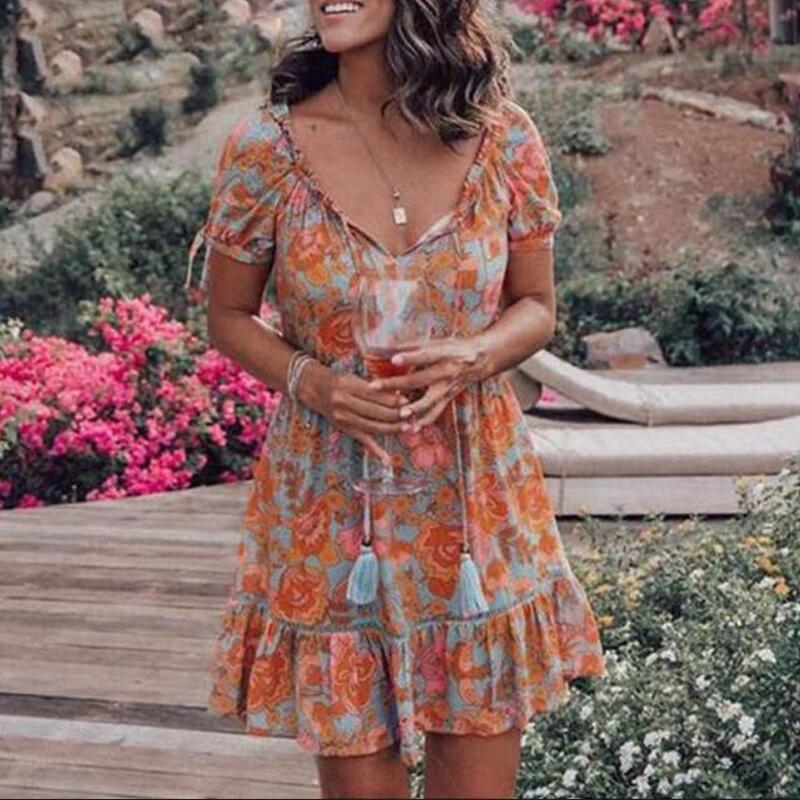 Fashionable Print With Shrink-Pleated Cutouts Small V-Neck Short-Sleeved Cotton Linen Dress