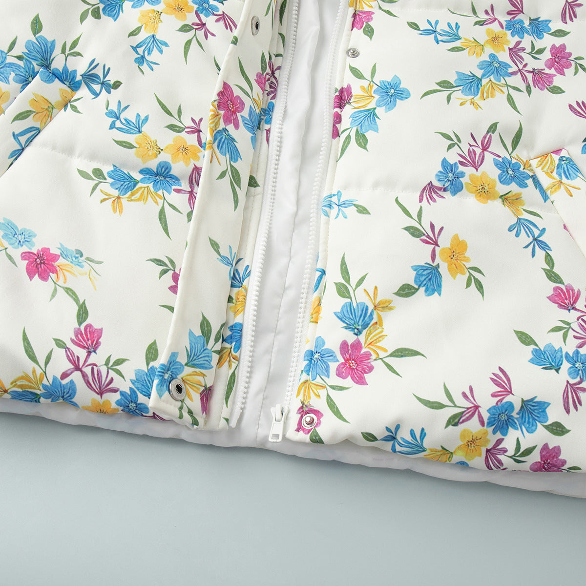 Floral Print Stand Collar Zipper Cotton Padded Jacket