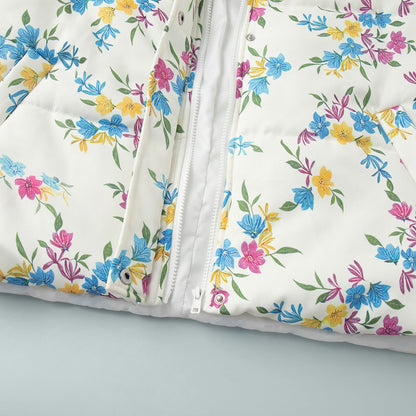 Floral Print Stand Collar Zipper Cotton Padded Jacket
