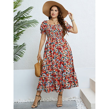 Summer Floral Off-Shoulder Waist-Defining Maxi Dress