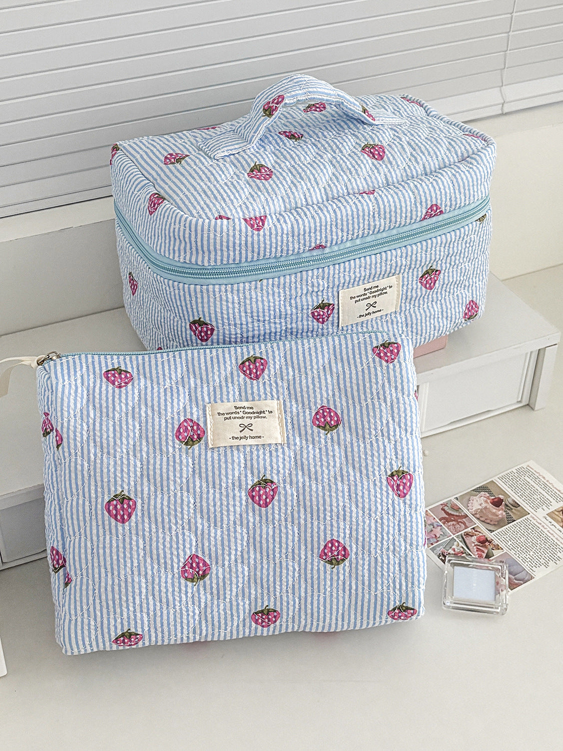 Blue Strawberry Striped Makeup Bag Quilted Portable Toiletry Bag