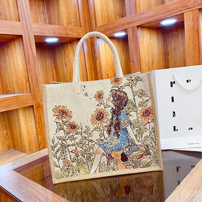 Linen Tote Bag Cute Cartoon Embroidery Large Capacity