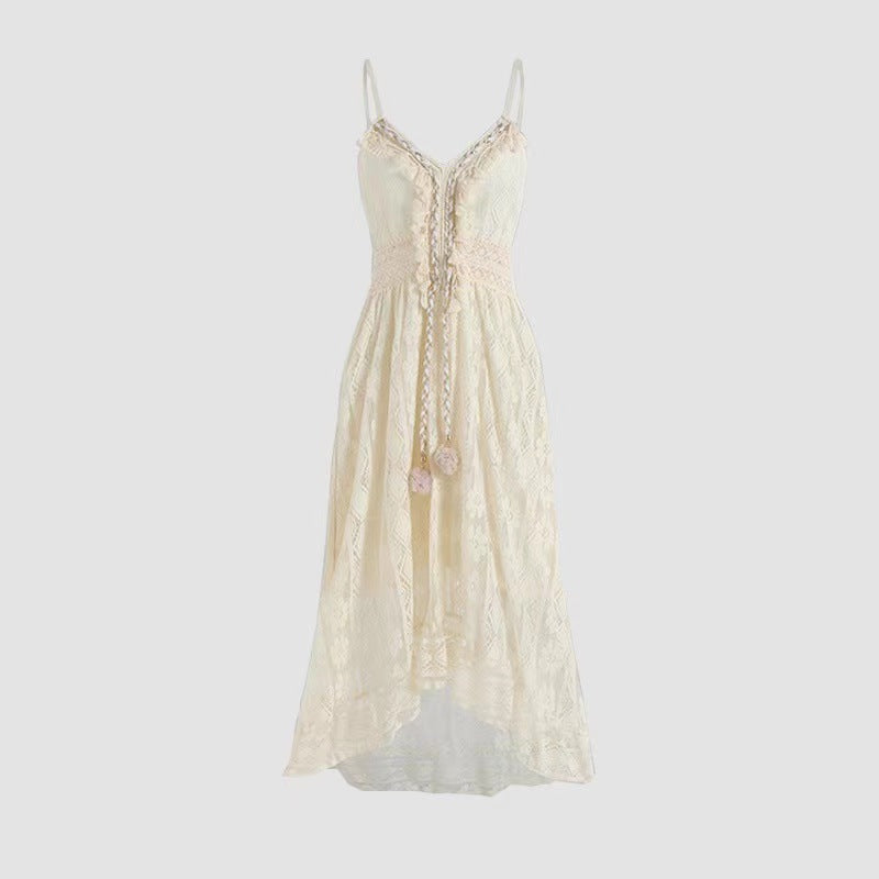Scalloped Lace Spaghetti Strap High Low Flowy Maxi Dress