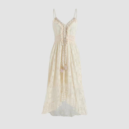 Scalloped Lace Spaghetti Strap High Low Flowy Maxi Dress