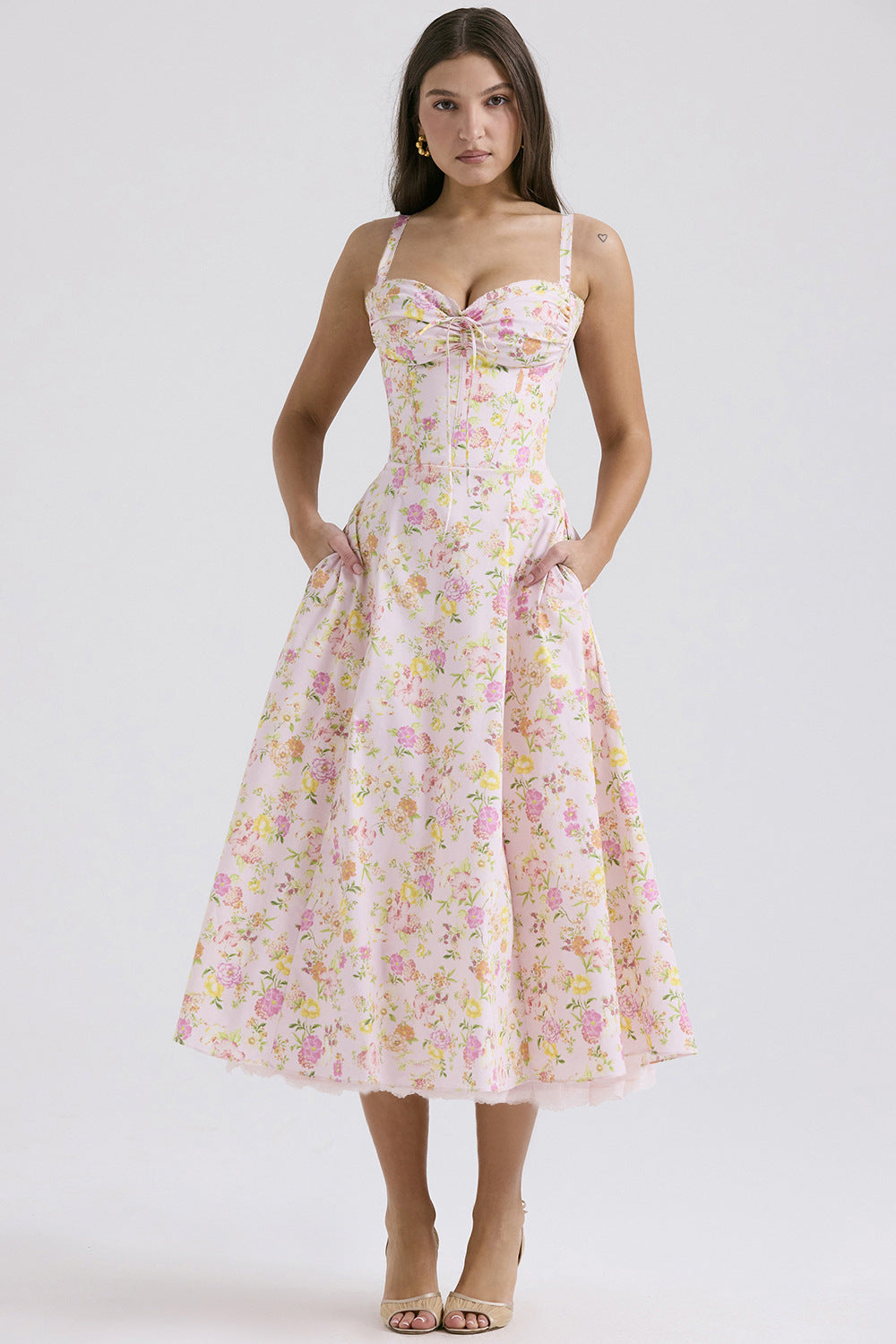 Slim Flower Print Lace Spaghetti Dress