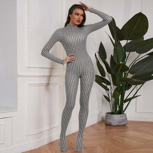 Fashionable High Neck Long Sleeve Bodysuit With Print