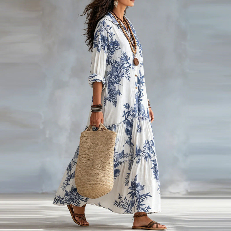 Botanical Floral Print Linen Tiered Shirt Maxi Dress